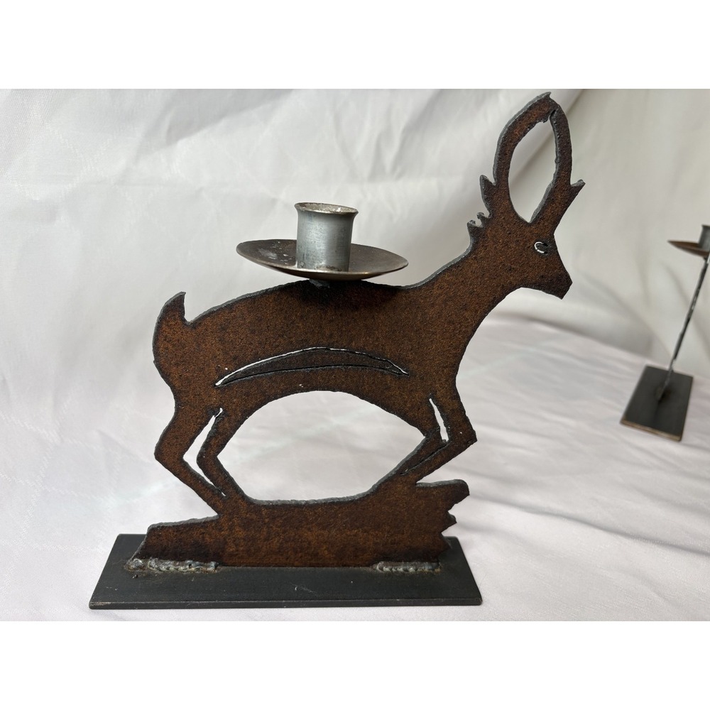 Set Of 2 Rustic Hand-Forged Rabbit and‎ Antler Silhouette Candle Holders